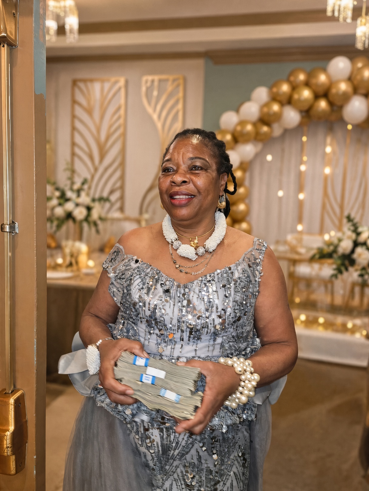 Gloria Nzenwa in a silver gown at a celebration